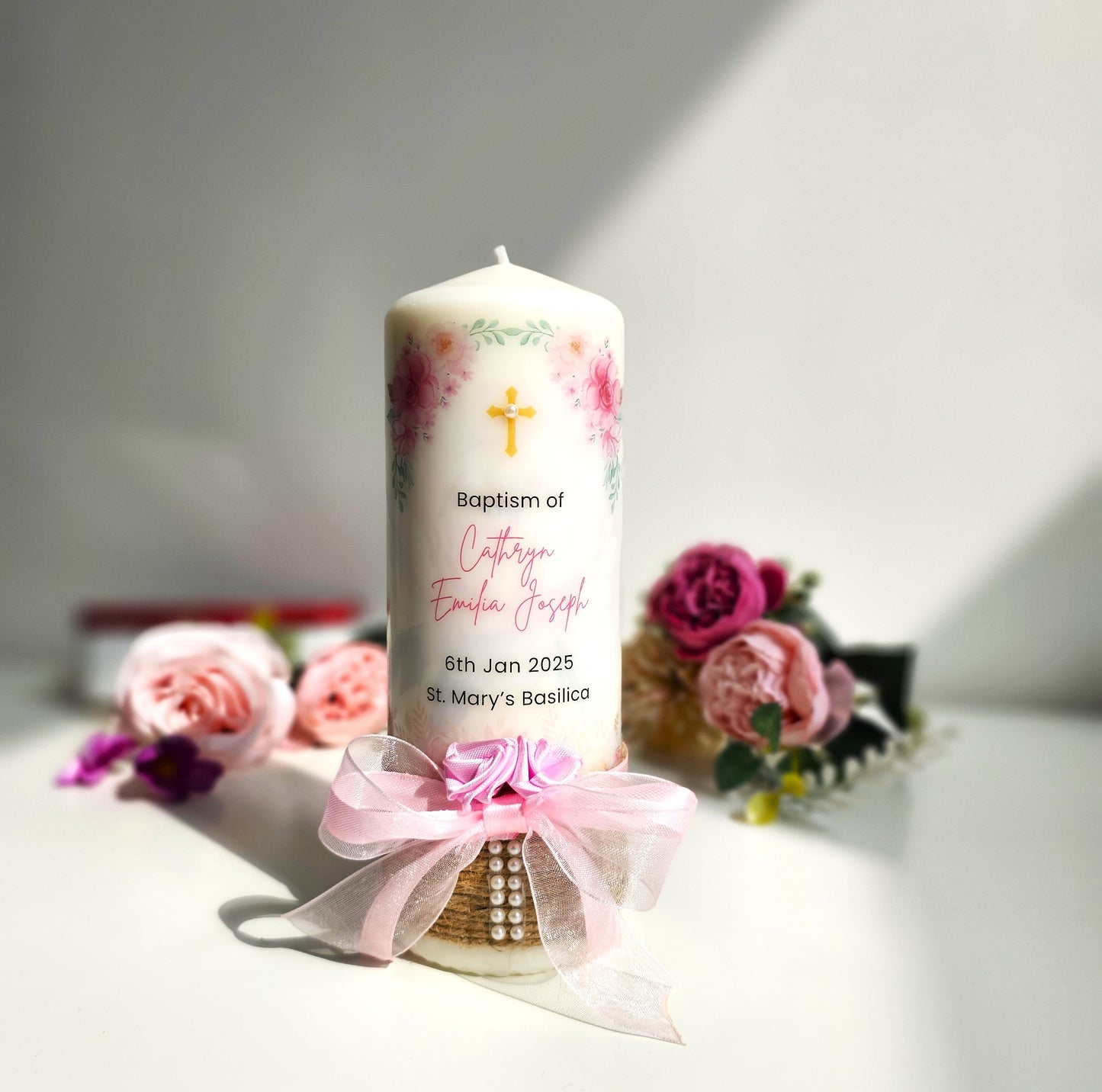 Premium Baptism Candle - Baby Pink